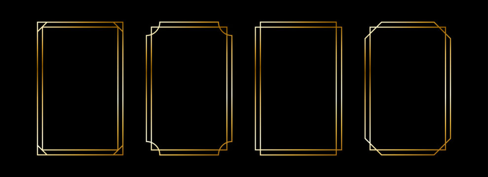 Thin metallic rectangle frame set. Shiny gold foil border collection. Golden glowing geometric boarder bundle in art deco style. Rectangular element pack for photo, cadre, card, emblem, label. Vector