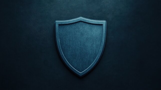 A metallic shield emblem rests on a dark textured background, symbolizing protection and security.