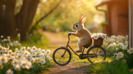A Warm and Heartwarming Moment as a Mother Rabbit Teaches Her Bunny to Ride a Bicycle in a Peaceful Countryside Setting