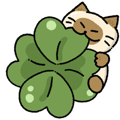 Cute Siamese Cat Hugging Four-Leaf Clover Illustration