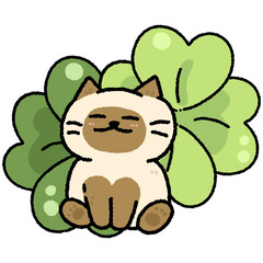 Cute Siamese Cat with Leaf Clover Illustration