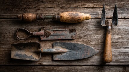 Vintage gardening tools on a wooden table, a timeless tribute to rustic simplicity and the art of cultivation.
