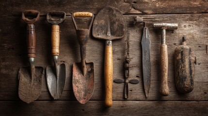 Vintage gardening tools on a wooden table, a timeless tribute to rustic simplicity and the art of cultivation.

