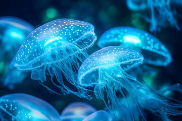 Obraz premium A close-up view of luminous jellyfish in their natural habitat.
