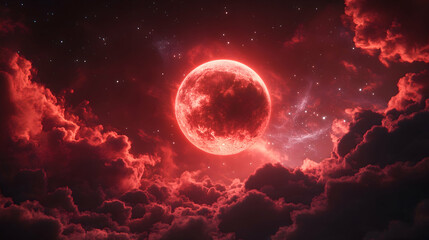 Crimson Moonrise: A fiery celestial body dominates a blood-red sky, shrouded in dark, swirling clouds.  A breathtaking cosmic scene.