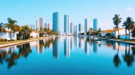 Obraz premium Serene Cityscape Reflection on Calm Waterway in Vibrant Urban Setting