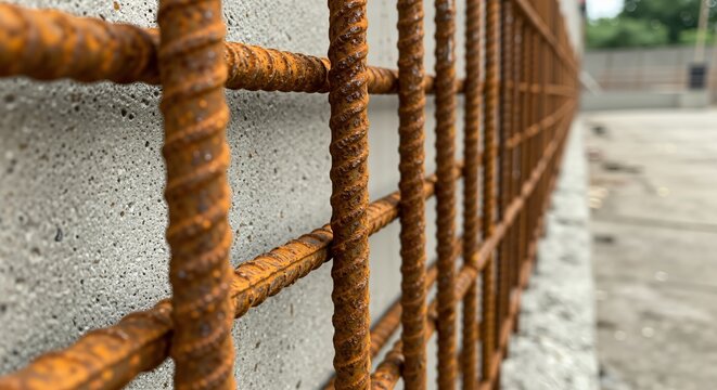 Close-up view of heavily rusted steel rebar mesh forming a grid pattern against a textured gray concrete wall in an outdoor industrial setting.