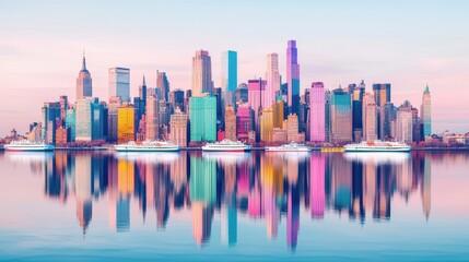 Obraz premium Colorful City Skyline Reflection at Dusk Over Calm Water Surface