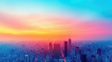 Fototapeta premium Stunning Sunset Over Urban Skyline with Colorful Cloudy Sky