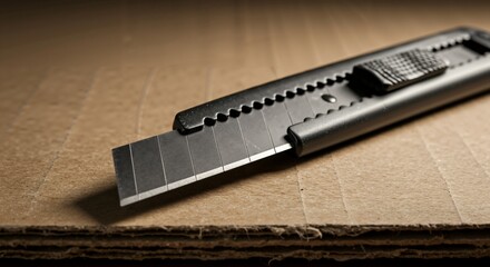 A sharp utility knife with an extended segmented blade rests on a textured surface of corrugated cardboard, ready for cutting or crafting tasks.