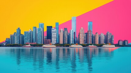 Fototapeta premium Vibrant City Skyline with Colorful Background and Reflection in Water