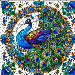 Ornate stained glass peacock design in circular frame.