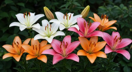 Fototapeta premium Orange Pink and White Lilies Blooming in Garden