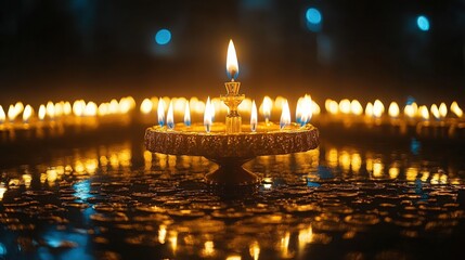 Golden candlelight reflects softly, creating a warm, luminous ambience in the dark shadows.