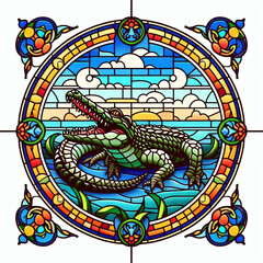 Circular stained-glass design featuring a crocodile.
