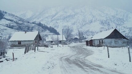 Snow covered village in winter mountains