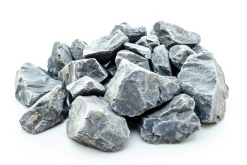 A pile of dark gray rocks, showcasing their rugged texture and natural form. on white background