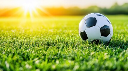 Fototapeta premium Soccer ball on green field at sunset