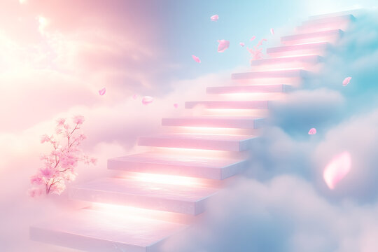 雲に向かって上昇する光るタイルでできた浮遊する階段