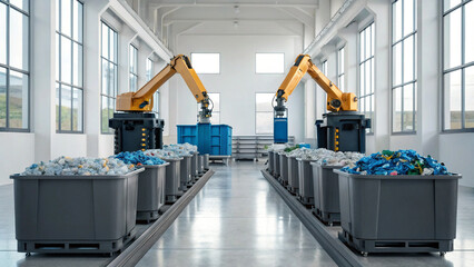 Ocean plastic pollution. Modern waste processing facility with robotic arms and bins.