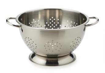 Stainless steel colander with handles and base on a white background