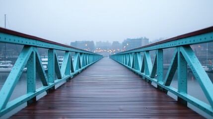 Obraz premium Calm Foggy Morning at Scenic Bridge Over Water with Lights
