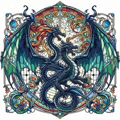 Intricate stained glass design featuring two dragons.