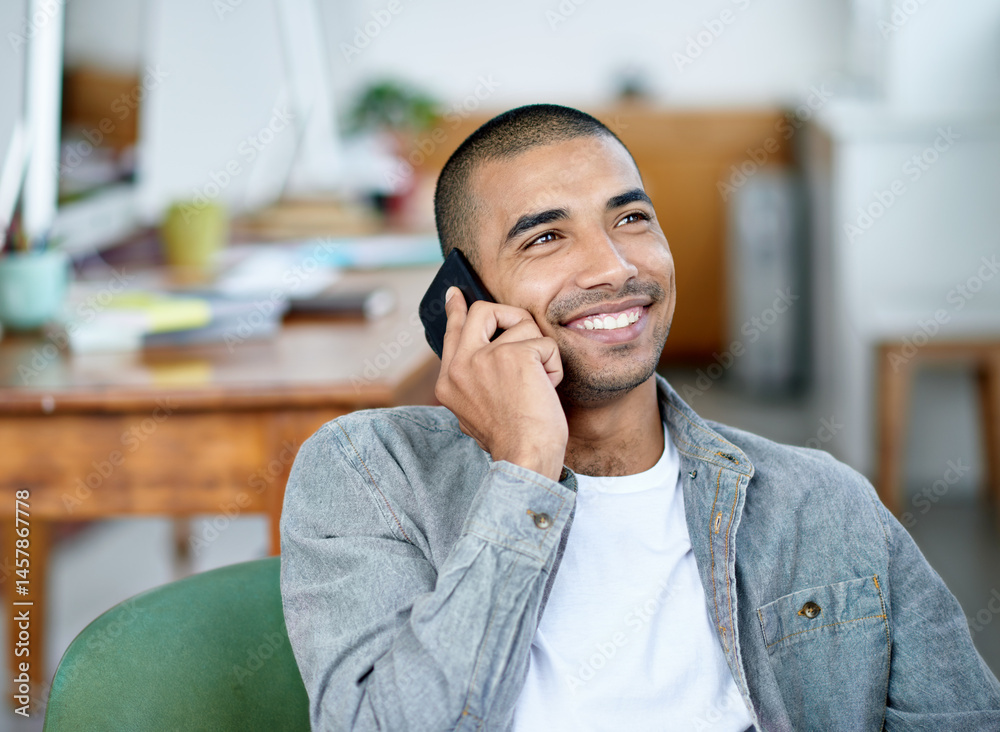 Poster creative, man and smile in office or phone call for discussion, client communication and networking 