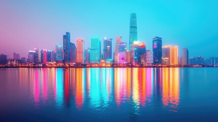 Vibrant City Skyline at Dusk with Colorful Reflections on Water