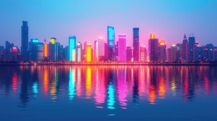 Vibrant City Skyline at Night with Colorful Reflections on Water