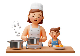 笑顔でクッキングする母と子供の3Dイラスト