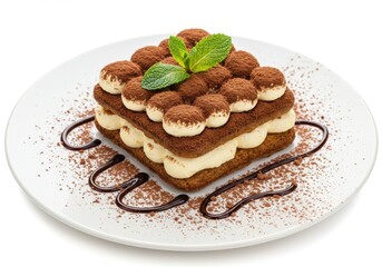 Delicious tiramisu dessert with mint garnish on a white plate, isolated