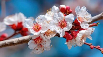 Blossoming apricot tree branches in spring with blue background concept. Beautiful cherry blossoms in full bloom, showcasing delicate petals.