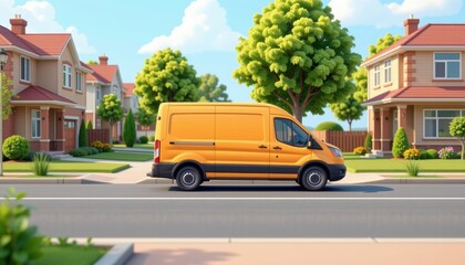 Obraz premium Transit van concept. A vibrant yellow van parked on a suburban street lined with homes and trees.