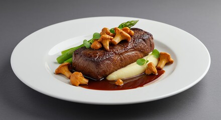Steak with Mushroom on White Plate