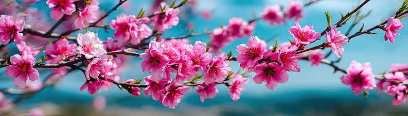 Obraz premium Blossoming apricot tree branches in spring with blue background concept. Vibrant blossoms of cherry trees in full bloom during spring.