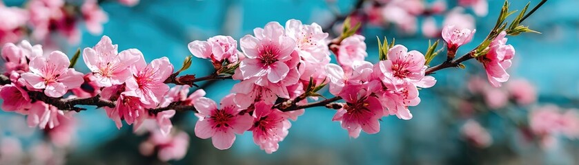 Fototapeta premium Blossoming apricot tree branches in spring with blue background concept. Beautiful pink blossoms blooming on a tree branch in spring.