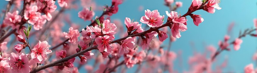 Obraz premium Blossoming apricot tree branches under blue sky with sunlight concept. Beautiful cherry blossom branches against a serene blue sky.