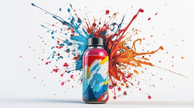Colorful paint bottle exploding with vibrant splashes