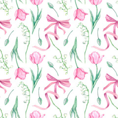 Delicate floral seamless pattern with pink tulips, white lilies of the valley, green leaves and buds and flowing ribbon. Watercolor illustration for fabric, gift wrap, cover.