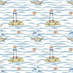 Seamless children's pattern with nautical elements, sailboat and lighthouse, blue waves and red starfish. For fabric, textile, wrapping paper, packaging, cover.
