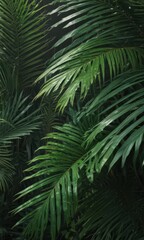 Naklejka premium Intricate palm frond details, rich emerald hues, tropical paradise , leaves background, green leaves, green