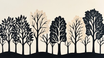 Fototapeta premium Artistic Tree Silhouette Design with Black and Beige Leaves in Minimalist Nature Illustration
