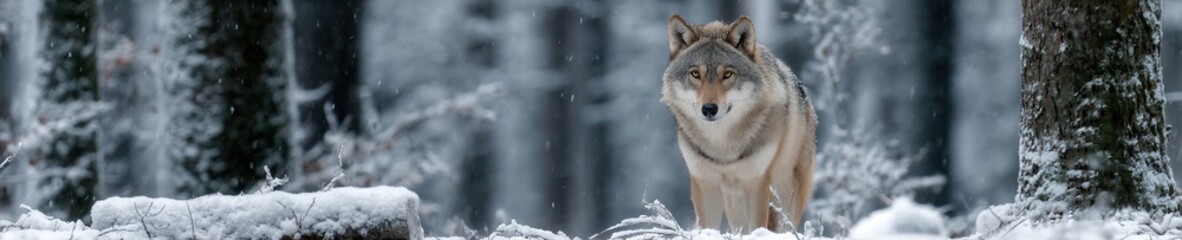 Obraz premium Realistic photo of a gray wolf in a snowy forest, standing alert under natural light, captured in a panoramic wide-angle view.