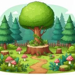 Colorful illustration of a lush forest scene with a large tree stump.