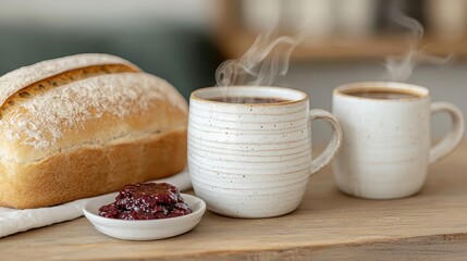Warm Morning Scene with Coffee, Bread, and Fruit Jam on Table