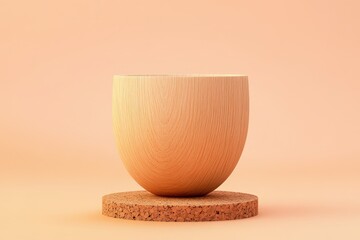 Empty light beige wooden bowl on a cork disc.