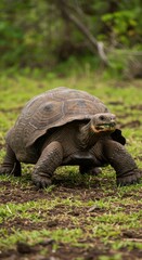 Fototapeta premium Galapagos Tortoise Walking on Grassy Ground