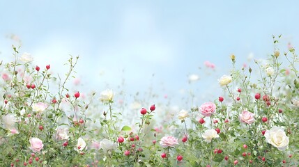 Obraz premium Pastel roses in a field against a soft sky.