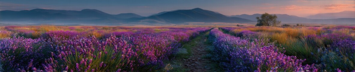Fototapeta premium Vast lavender fields stretching to the horizon, bathed in soft warm light, gentle breeze, captured in cinematic style with high detail.